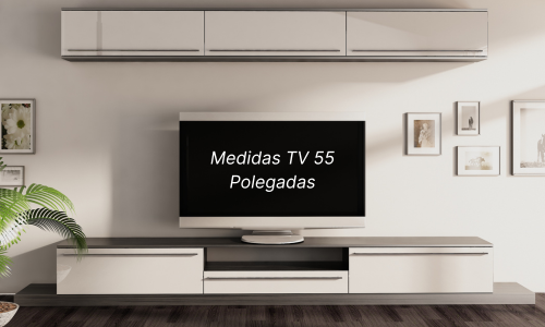 Imagem ilustrativa sala de TV, com texto inserido na tela da TV: Medidas TV 55 Polegadas